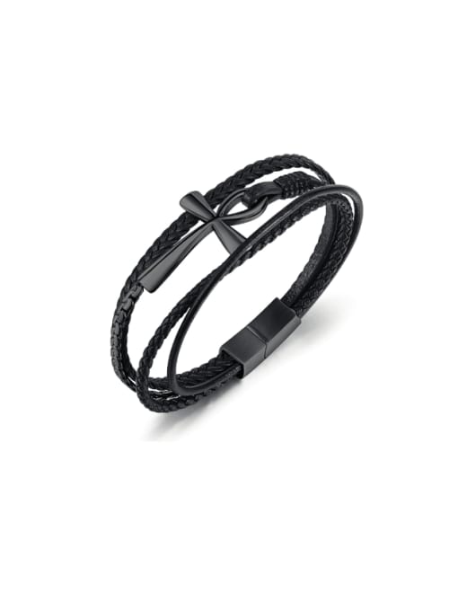 [1539] Bracelet black Titanium Steel Artificial Leather Weave Minimalist Strand Bracelet